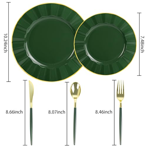 150Pcs Plastic Plates with Gold Rim,Heavy Duty Green Plates for 30 Guests,Plastic Dinnerware Set Include 30 Dinner Plate,30 Dessert Plate,90 Gold Cutlery Set for Party (Green) - color: Green