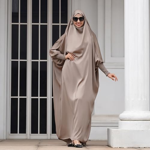 IKADEX Jilbab 무슬림 여성용 후드 아바야 카프탄 드레스 히잡 차도르 원피스 루즈핏 아랍어 이슬람 기도 로브 - color: Taro
