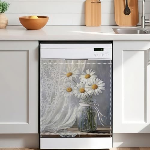 Magnetic Dishwasher Cover 23x26 in,White Daisy Decorative Waterproof Dishwasher Door Cover,Refrigerator Panel Sticker for Kitchen Decor - color: White Daisy