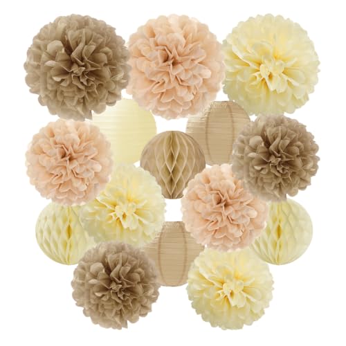Champagne Beige Boho Paper Flowers Tissue Pom Poms Honeycomb Lanterns 15pcs Party Decorations for Fall Rustic Birthday Baby Shower Neutral Autumn Wedding Bridal Hanging Decor Mprocherify - color: Champagne