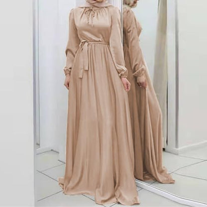 JEKE-DG Women Long Sleeve Maxi Dress Elegant Formal Loose Clothes Full Cover Arabian Robe Prayer Clothes with Belt (Large,Apricot)