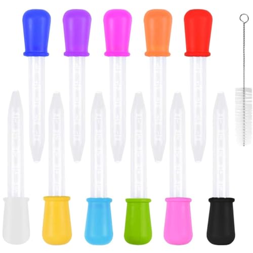 11 Colors Liquid Droppers, 5ml Clear Plastic & Silicone Pipettes | with Bulb Tip, Eye Droppers for Candy Molds, Feeding, DIY Crafts, Comes with Cleaning Brush