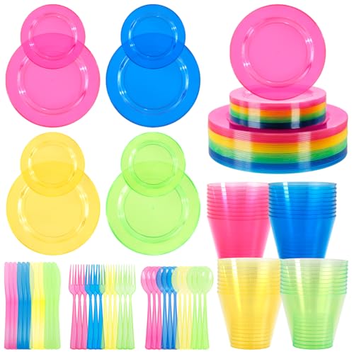 Supernal 216pcs Plastic Dinnerware Set include Rainbow Disposable Plates for Party Heavy Duty,Colorful Disposable Cups,Plastic Silveware in Neon Pink,Blue,Green,Yellow, Pefect for Birthdays - color: 216pcs Rainbow Plastic Plates