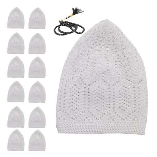 Muslim Kufi Hats for Men, Velvet Crochet Islamic Prayer Cap, Stretchable, Breathable Knit Skull Beanie,Standard Size - color: Mercan - White