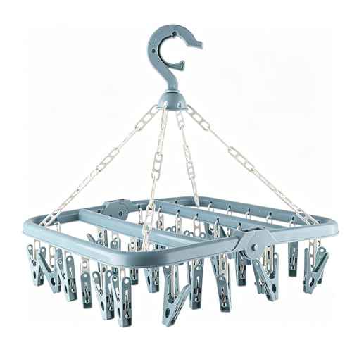 SteelFever Clothes Drying Hanger with 32 Clips, Foldable Hanging Drying Rack for Clothes Underwear Socks (Nordic Blue) - color: Nordic Blue