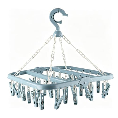 SteelFever Clothes Drying Hanger with 32 Clips, Foldable Hanging Drying Rack for Clothes Underwear Socks (Nordic Blue) - color: Nordic Blue