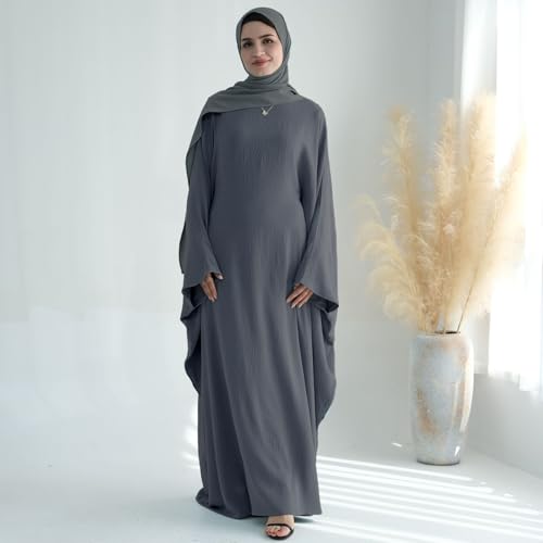 Women Muslim Abaya Dress 1Piece Bat Sleeve Islamic Maxi Robe Fashion Jilbab for Women Eid Kaftan Muslim Robe - color: Greya, size: Medium