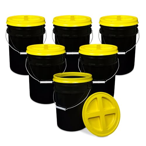 5 Gallon Bucket - Food Grade w/Lid BPA-Free, Black/Yellow, 6 | Airtight Gamma Seal Screw-On Lid, Heavy-Duty 90 Mil HDPE Plastic, Food Safe and Durable Container, Bulk Storage, Made in USA - color: Black/Yellow, size: 6 Packs
