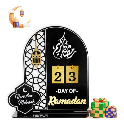 Black Acrylic Countdown Advent Calendar 31 Days Til Eid' Lantern Design, Eid Mubarak Ornament for Ramadan Kareem Tabletop Decorations