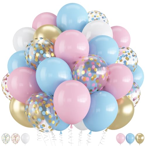 Balloons Pink and Blue, 60 Pack 12 Inch Pastel Light Pink Blue with Metallic Gold Confetti Balloons for Birthday, Gender Reveal, Baby Shower, Boy or Girl Party Decoration - color: Pink Blue Gold