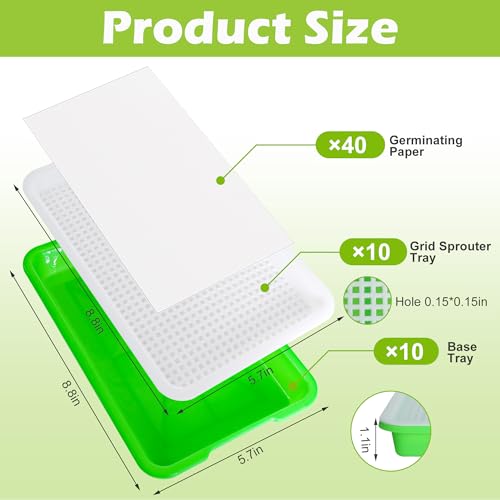 EBaokuup 10 Pack Seed Sprouter Tray with Drain Holes - BPA Free Seed Garden Plant Germination Propagation Trays, Soil-Free Wheatgrass Tray Sprouter Microgreens Growing Kit with Germinating Paper - color: Green,10pack