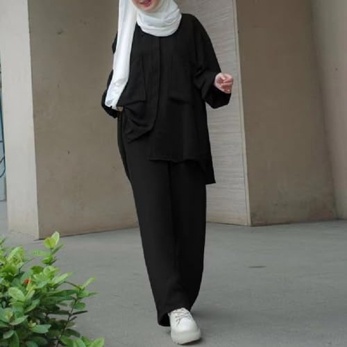 ODIZLI Muslim Long Sleeve Blouse Wide Leg Pants Suits Autumn Solid Abaya Women Matching Sets 2PCS Tracksuits Turkey Kaftan - color: Black-pockets Button Down Shirt, size: 4X-Large