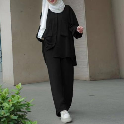 ODIZLI Muslim Long Sleeve Blouse Wide Leg Pants Suits Autumn Solid Abaya Women Matching Sets 2PCS Tracksuits Turkey Kaftan - color: Black-pockets Button Down Shirt, size: 3X-Large