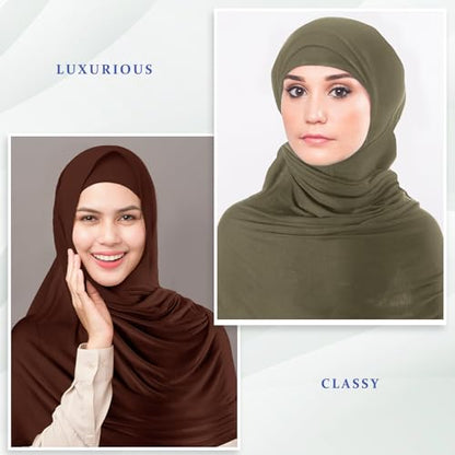 Handepo 2 Pcs Instant Hijab Jersey Hijab for Women Muslim Head Scarf Soft Lightweight Long Stretch Scarf Shawl Wrap - color: Coffee, Army Green