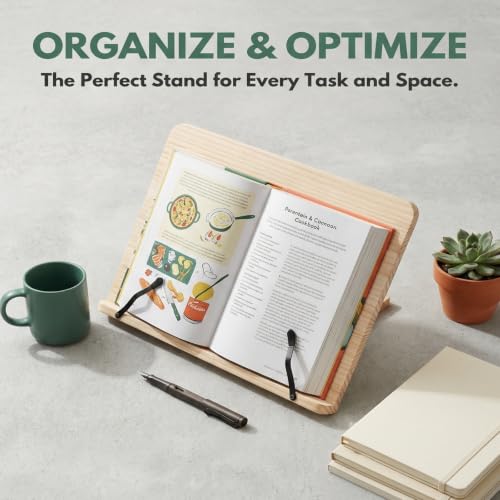 Adjustable Wooden Book Stand 8 Height Levels, Ergonomic Reading Holder for Cookbook Textbook, Foldable Desktop Book Stand with Page Paper Clips, Portable Hands-Free Stand for Kitchen Office - size: 15x11.4inch