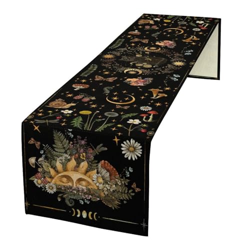 Mushroom Table Runner, Vintage Botanical Wildflower Gothic Daisy Mysterious Witchy Kitchen Table Decoration for Dining Holiday Party Wedding Outdoor 13x36in - color: Moon-8, size: W13''xL36''