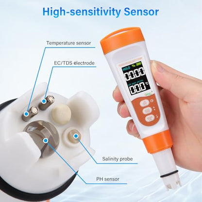 hygger Pool Salt Tester & PH Meter, 5-in-1 Digital Pool Water Tester, High Accuracy Salinity PH Temp EC and TDS Saltwater Pool Test Kit for Aquarium Swimming Pool Hot Tub and Swim Spas