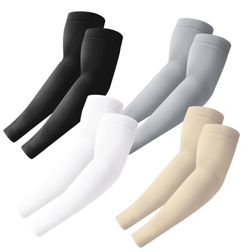 PFFY 4 Pairs UV Protection Arm Sleeves Cooling Compression Sleeve for Men Women Sports Tattoo Cover Up - color: Black + White + Grey + Beige