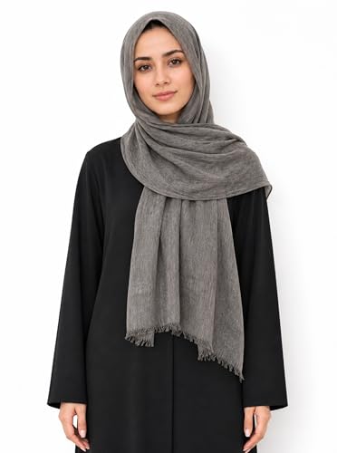 Lightweight Rayon Scarf with Cotton Linen Texture – Breathable Wrinkle Hijab, Vintage Dyed Wrap Shawl - color: Grey