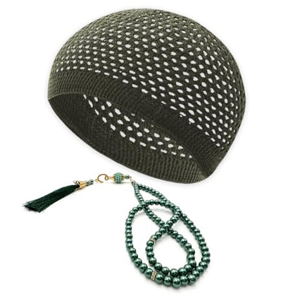 ESERRA Kufi Hats for Men and Women with 99 Tasbih Prayer Beads, Muslim Thick Breathable Skull Cap, Tasbeeh, Prayer Cap - color: Green
