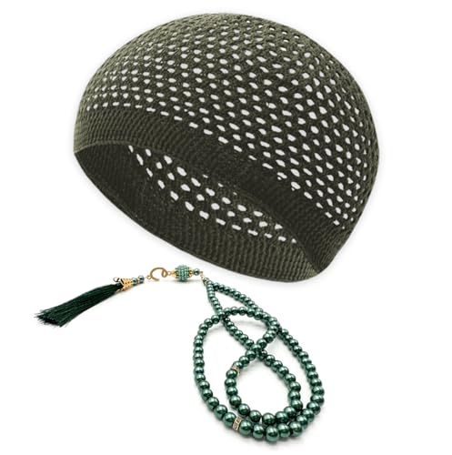 ESERRA Kufi Hats for Men and Women with 99 Tasbih Prayer Beads, Muslim Thick Breathable Skull Cap, Tasbeeh, Prayer Cap - color: Green