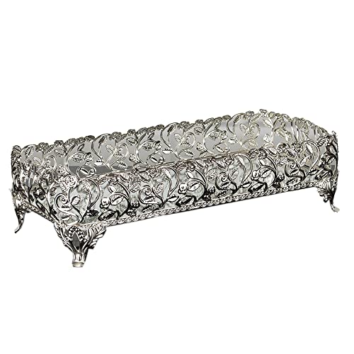 Metal Filigree Mirrored Tray for Gift, Handmade Fancy Perfume Trays for Dresser, Rectangle Mirror Vanity Trays for Dressing Table (Small, Silver)