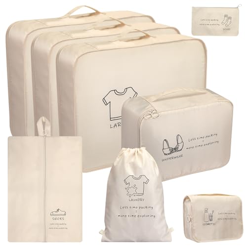 8 Set Travel Packing Organizers, Luggage Organization Bag, Beige - color: Beige