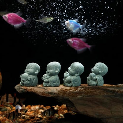 4pcs Mini Buddha Statue with Animal Companion, Aquarium Decor, Feng Shui Zen Monk Sandstone Sculpture, Cute Small Fish Tank Ornament for Home Garden, Buddha Decoration