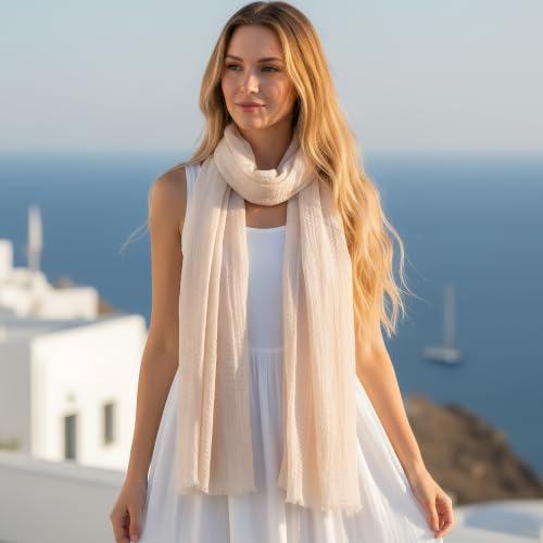 Nydotd Women Summer Cotton Linen Scarf Crinkle Long Beach Shawl Wrap hijab with Fringe - color: Light Apricot