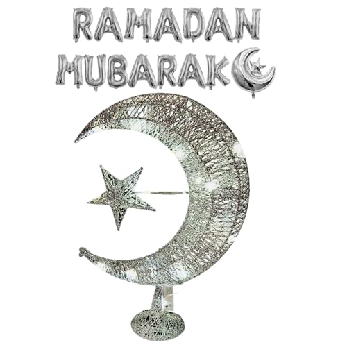 Eid Crescent Moon Star Table Lamp - Battery-Powered LED Light, Festive Home Décor Eid Gift Set with Mubarak Balloons, 14” Long (Silver) - color: Silver