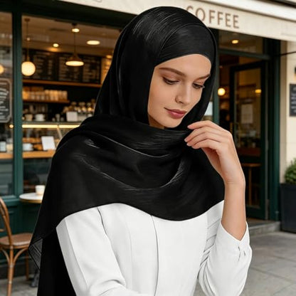Premium Hijab Head Scarf for Women Lightweight Shimmer Hijab Head Wrap Scarves Crepe Satin Scarf Shawl Wrap - color: Black