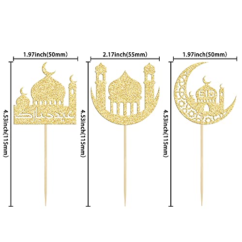 24 Pack Eid Mubarak Cupcake Toppers Glitter Star Ramadan Kareem Cupcake Pick Moon Star Eid Islamic Muslim Theme Party Cake Decoration Supplies Gold - color: Gold