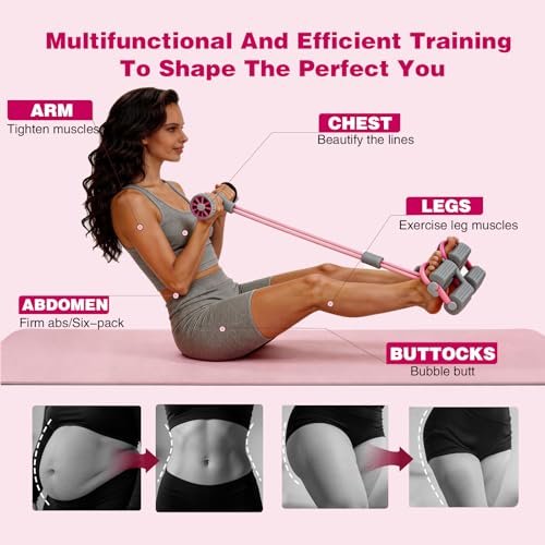 Resistance Bands with Handles, 6 Tube Pedal Resistance Band for Exercise, Dual Pedal Adjustable Resistance, Ab Roller Handle Full Body Home Workout Equipment for Abs, Legs, Arms, Women - color: PINK