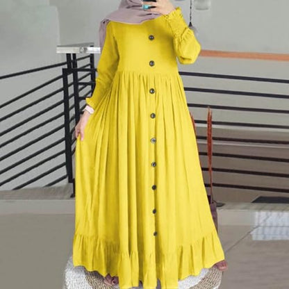 Abaya Ladies Muslim Dress Long Sleeve Maxi Islamic Kaftan Dubai Robe Modest Ramadan Eid Belted Solid Color A9 - color: Yellow, size: Medium