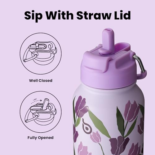 BOTTLE BOTTLE 32oz Insulated Water Bottle with Pill Box | Stainless Steel,Sport Water Bottle, with Straw Dual-use Lid and Pill Box, Design for Gym - color: purple tulips