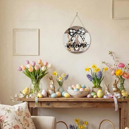 Smile Round Wooden Easter Welcome Sign - Plaid Bow & Polka Dot Bunny Design, Farmhouse Style Hanging Door Decor for Spring Holiday Home Accent - style: Easter Bow