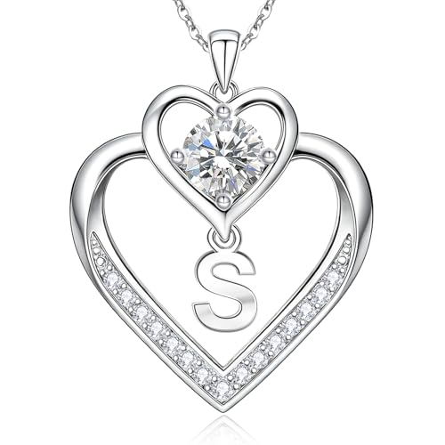 RIVIKO 1 Carat Moissanite Heart Initial Necklace for Women,Letter Pendant - color: Letter S