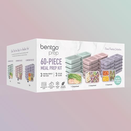 Bentgo Prep 60-Piece Meal Prep Kit - Reusable PFAS & BPA-Free Food Containers, 1-Compartment, 2-Compartment, & 3-Compartments - Microwave, Freezer, & Dishwasher Safe (Floral Pastels) - color: Floral Pastels