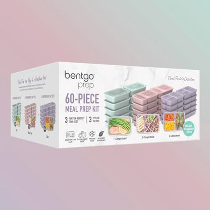 Bentgo Prep 60-Piece Meal Prep Kit - Reusable PFAS & BPA-Free Food Containers, 1-Compartment, 2-Compartment, & 3-Compartments - Microwave, Freezer, & Dishwasher Safe (Floral Pastels) - color: Floral Pastels