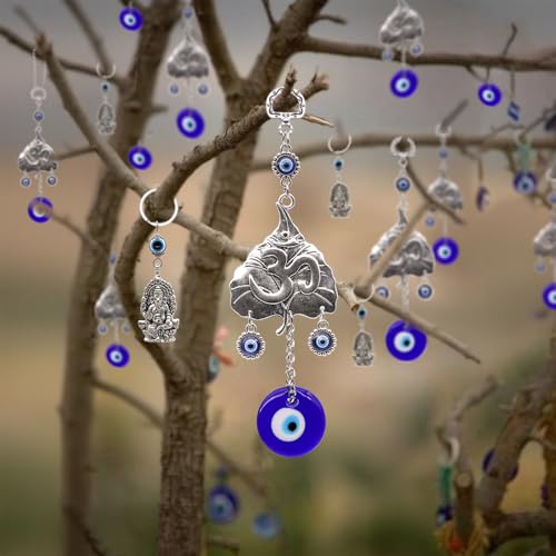 Hindu OM Evil Eye Car Hanging Ganesha Car Charms Lord Ganesha Idol Car Mirror Hanging Accessories Evil Eye Key Chains Turkish Nazar Amulet Boncugu Perfect for Gifting Diwali Housewarming Birthday