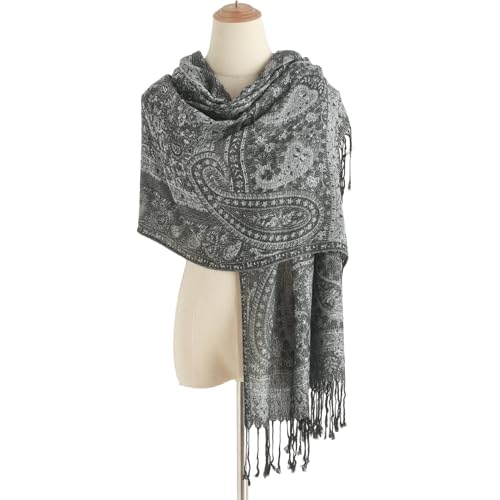 Paisley Pashmina Rave Shawl Scarf-Women's Reversible Ethnic Jacquard Pashmina Wraps for Travel - color: C#.black Silver