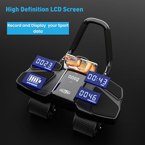 Ab Roller Home Gym Equipment – 4 Wheels Ab Wheel Muscle Roller with Automatic Rebound, Yoga Stretching Strap, 3 Resistance Bands – Comfortable Elbow Support with Non-Slip Handles – Built-in Workout Tracker - color: Black New + 3 Bands + 1 Strap