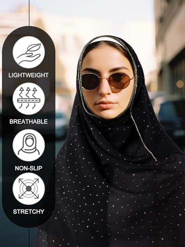 Geyoga Hijab Scarf for Women Soft Chiffon Rhinestone Long Scarf Shawl Fashion Muslim Hijab Head Wrap Scarves - color: Black