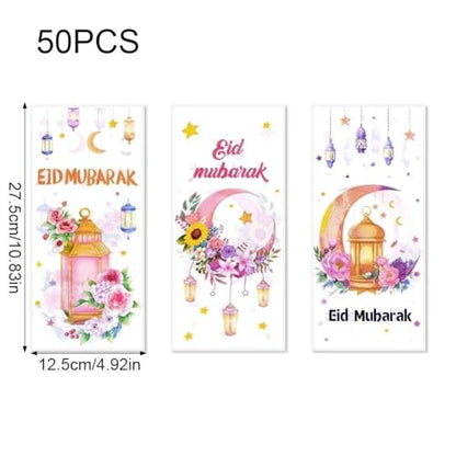 Sanfly Eid Mubarak Goodie Bags 50 Pcs Ramadan Gift Bags, Watercolor Moon Flower Print Eid Theme Plastic Candy Snack Pouch