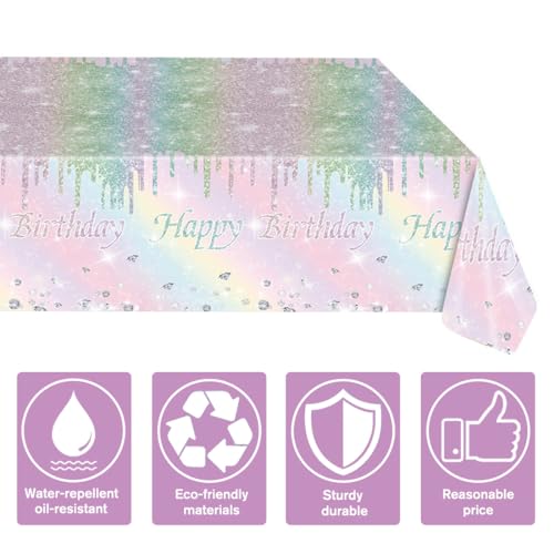 Kesfey Rainbow Birthday Tablecloths Pastel Silver Glitter Table Cover | 54×108 Inch,Silver Sprinkle Rainbow Tie Dye,Disposable, Waterproof, Rectangle Table Cover, Party Supplies Decoration - color: Rainbow Birthday