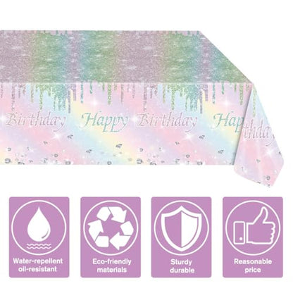Kesfey Rainbow Birthday Tablecloths Pastel Silver Glitter Table Cover | 54×108 Inch,Silver Sprinkle Rainbow Tie Dye,Disposable, Waterproof, Rectangle Table Cover, Party Supplies Decoration - color: Rainbow Birthday