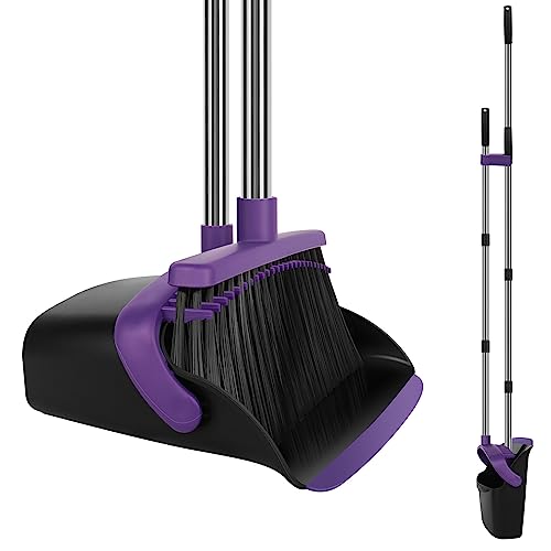 Broom and Dustpan Set with Long Handle, 55" Broom, Pet Hair Rubber Lip Upright Dustpan with Built-in Comb, Standing Dust Pan Set for Home Kitchen Office Indoor Outdoor - color: Purple, size: Large