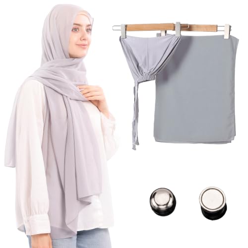 Jonglroy Muslim Chiffon Hijab magnets Head Scarf with Matching Tie Back Jersey Undercap - color: Grey