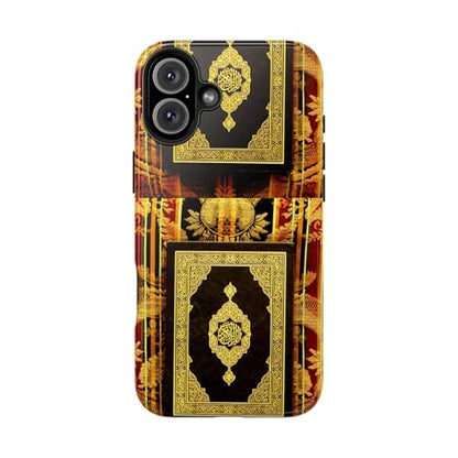 Islamic Quran Cover Phone Case Tough Phone Case, Gold Ornate Holly Quran Cover Gift for Hafiz-Compatible with iPhone 16 Plus