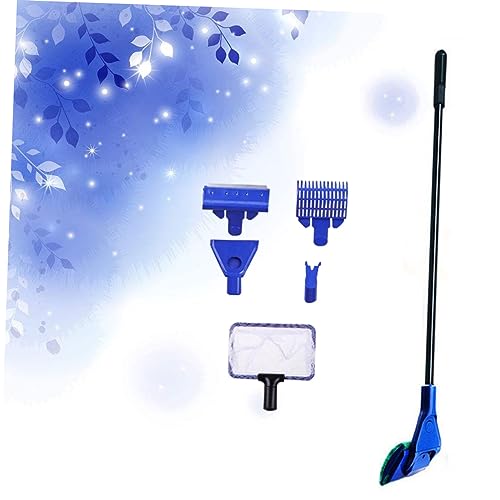 LIOOBO Five One Aquarium Fish Tank Brush Cleaning Kit Long Handle Fish Net Rake Scraper Clip for Effortless Cleaning of Aquariums Blue